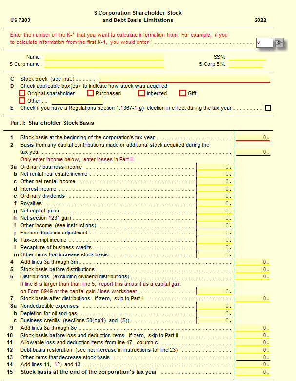 Form 7203 S Corporation Shareholder Stock and Debt Basis Limitations