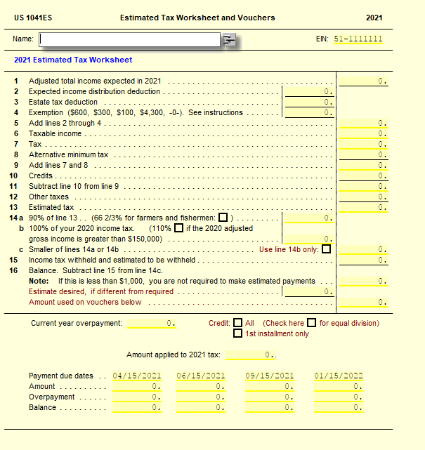 1041ES Estimated Tax Worksheet and Vouchers UltimateTax Solution Center