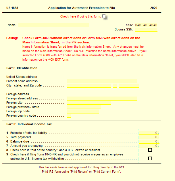 4868 Automatic Extension Of Time To File Individual Tax Ultimatetax Solution Center