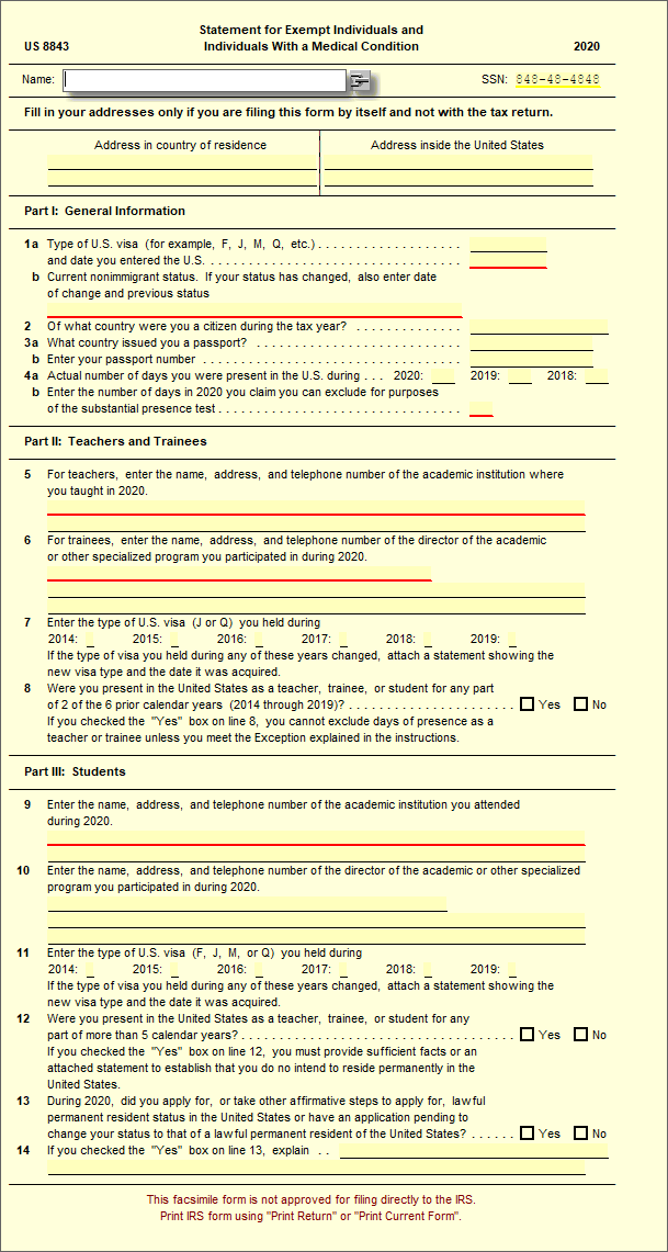 8843 Statement for Exempt Individuals with Medical Condition