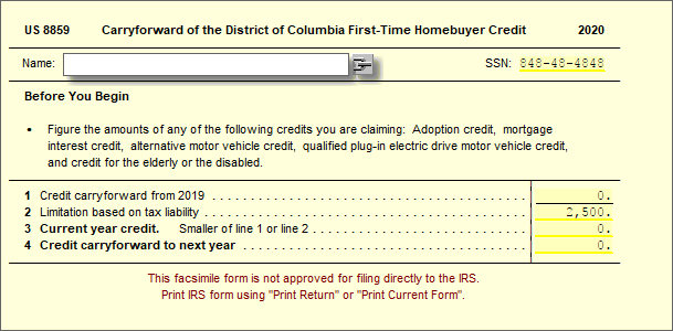 8859 - Carryforward of DC First-Time Homebuyer Credit – UltimateTax ...