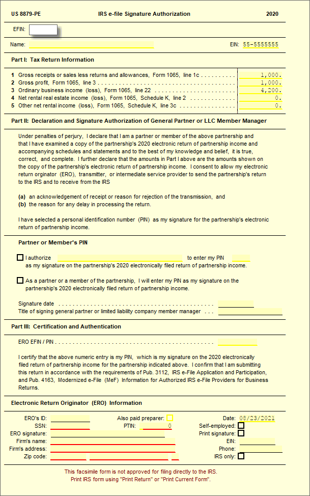 8879-PE - E-File Signature Authorization for 1065 – UltimateTax 