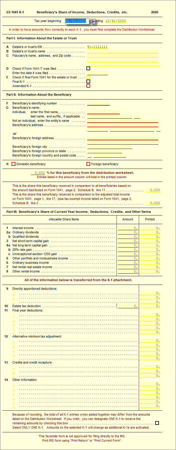 Sch K-1 (1041) Beneficiary's Share of Income, Deductions, Credits, etc